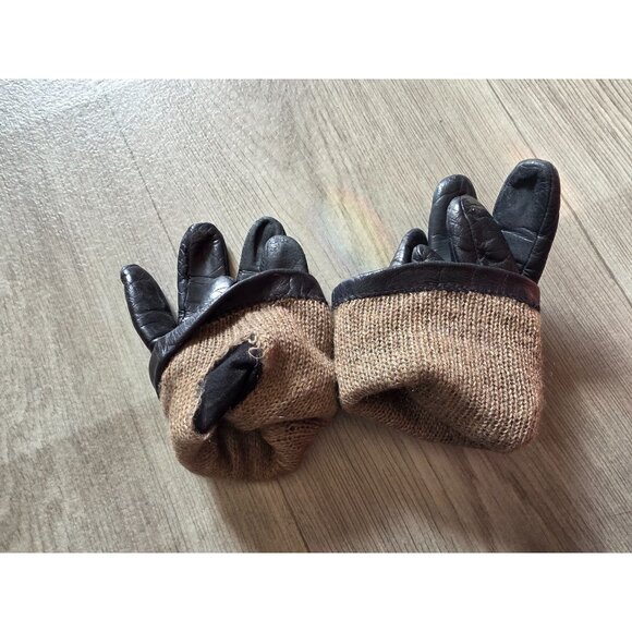 Vintage Black Leather Gloves Brown Wool Lining - Picture 5 of 5